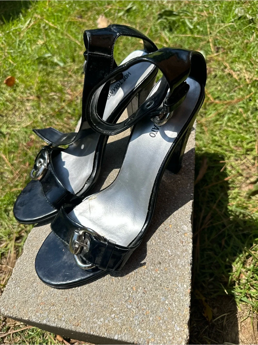 Hot Tomato Black Patent Ankle-Strap Heels with Silver Buckles